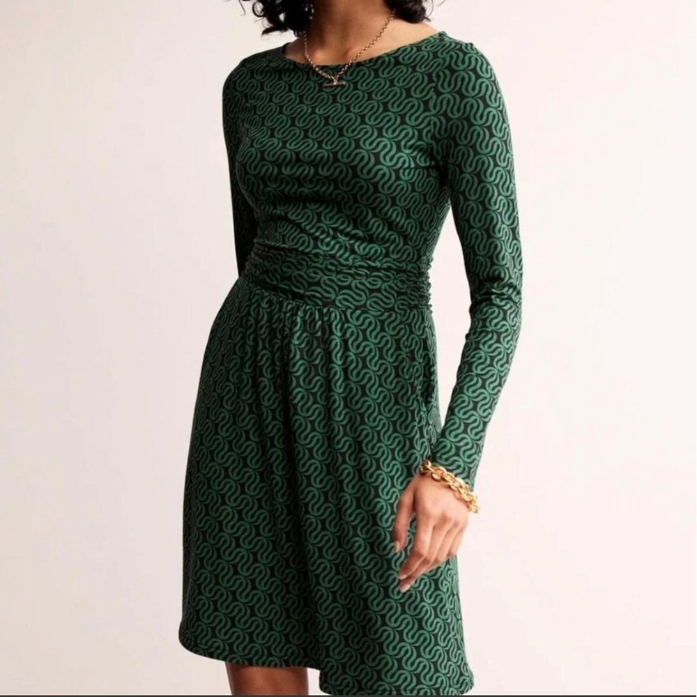 Boden Green Geometric Print Abigail Jersey Dress Womens 6 Stretch Pockets